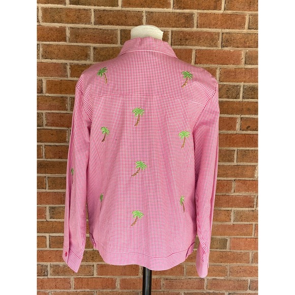 Quacker Factory Lightweight Jacket Fuchsia White Gingham Palm Trees Embroidery - Picture 3 of 8